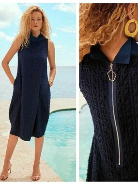 Joseph Ribkoff - Midnight Blue Textured Sleeveless Cocoon Dress Style